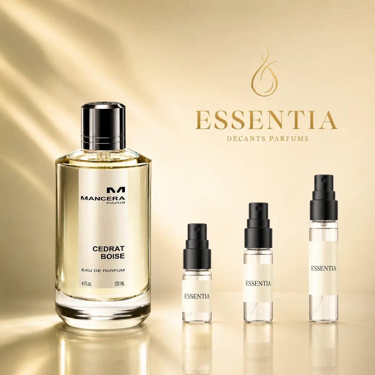 Perfume Mancera Cedrat Boise junto a presentaciones de decant ESSENTIA de 3 ml, 5 ml y 10 ml en Paraguay.
