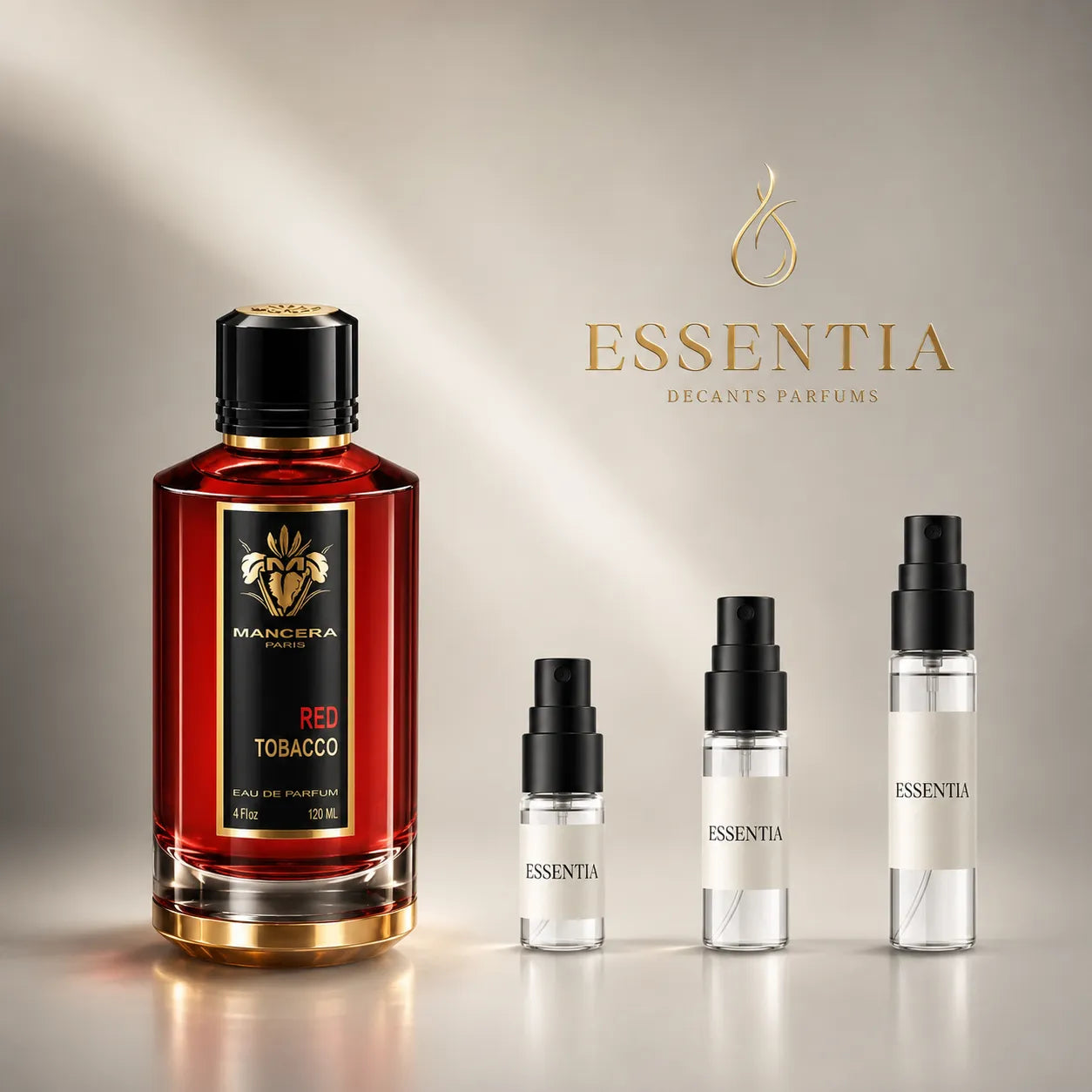 Perfume Mancera Red Tobacco junto a presentaciones de decant ESSENTIA de 3 ml, 5 ml y 10 ml en Paraguay.