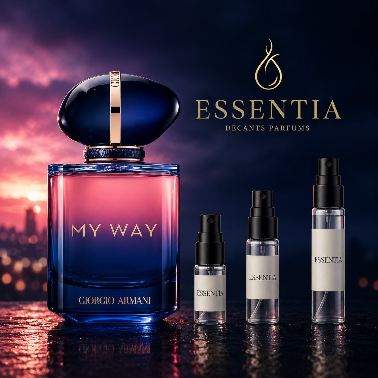 My Way Parfum Giorgio Armani en decant original para mujer, perfume floral intenso con notas de flor de azahar, nardo, iris y vainilla disponible en ESSENTIA Paraguay.