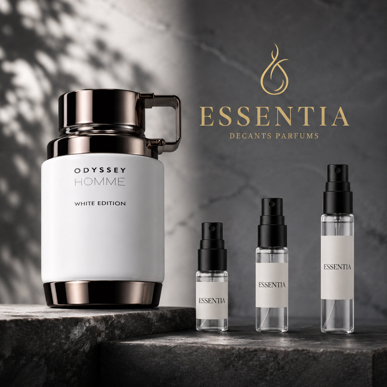 Odyssey Homme White Edition Armaf en decant original para hombre, perfume masculino fresco con notas cítricas, acuáticas, ámbar y madera disponible en ESSENTIA Paraguay.