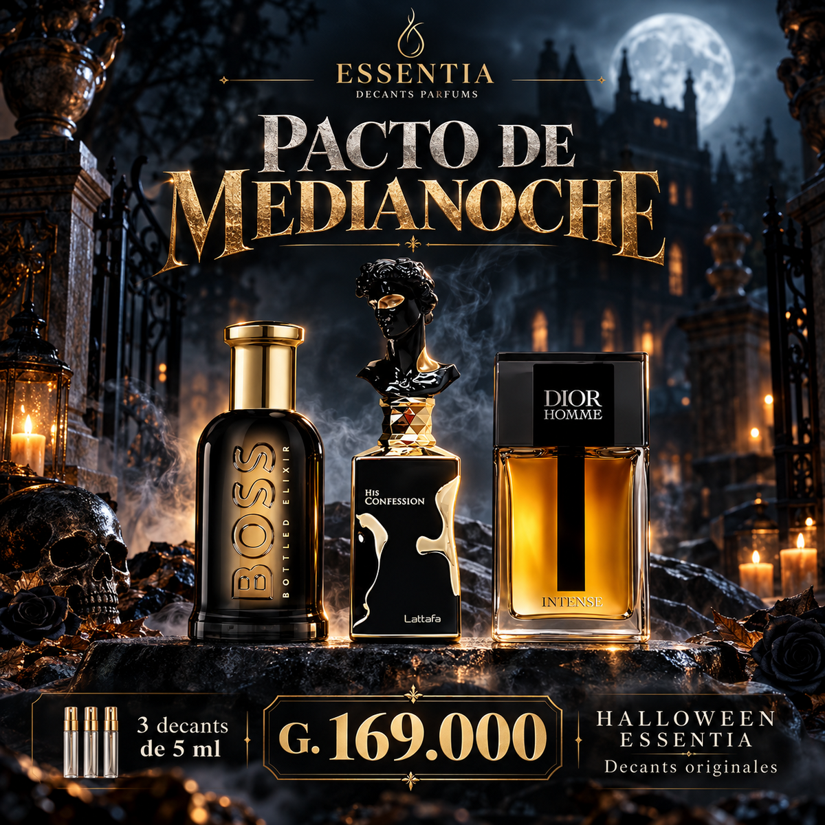 Combo Halloween Pacto de Medianoche ESSENTIA con Dior Homme Intense, Boss Bottled Elixir y His Confession, tres decants originales de 5 ml