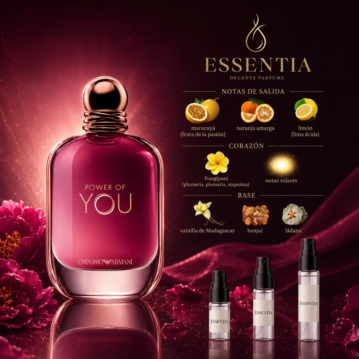 Perfume Power of You Emporio Armani con decants ESSENTIA y notas de maracuyá, naranja amarga, limón, frangipani, vainilla de Madagascar, benjuí y ládano.