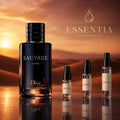 Decant de Sauvage Parfum Dior en presentaciones de 3 ml, 5 ml y 10 ml, fragancia masculina cítrica, amaderada, intensa y elegante disponible en ESSENTIA Paraguay.
