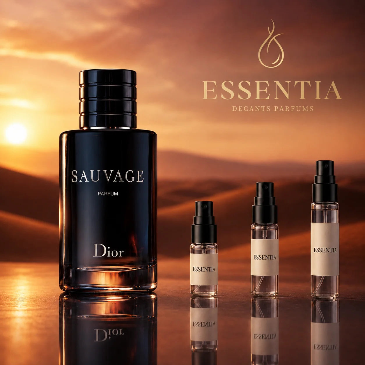 Decant de Sauvage Parfum Dior en presentaciones de 3 ml, 5 ml y 10 ml, fragancia masculina cítrica, amaderada, intensa y elegante disponible en ESSENTIA Paraguay.