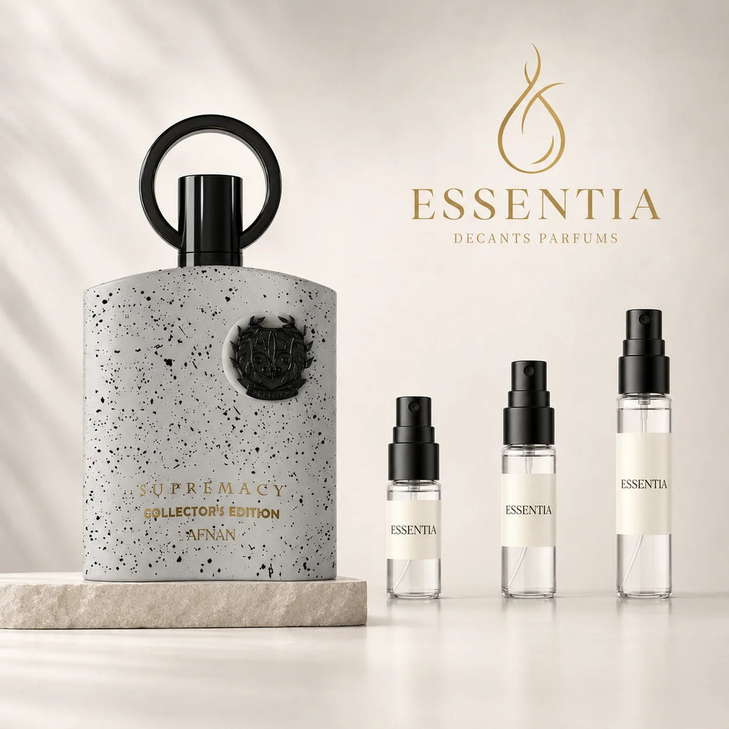 Decant original de Supremacy Collector's Edition Pour Homme Afnan en ESSENTIA, con perfume original junto a frascos de decant en presentaciones de 3ml, 5ml y 10ml.