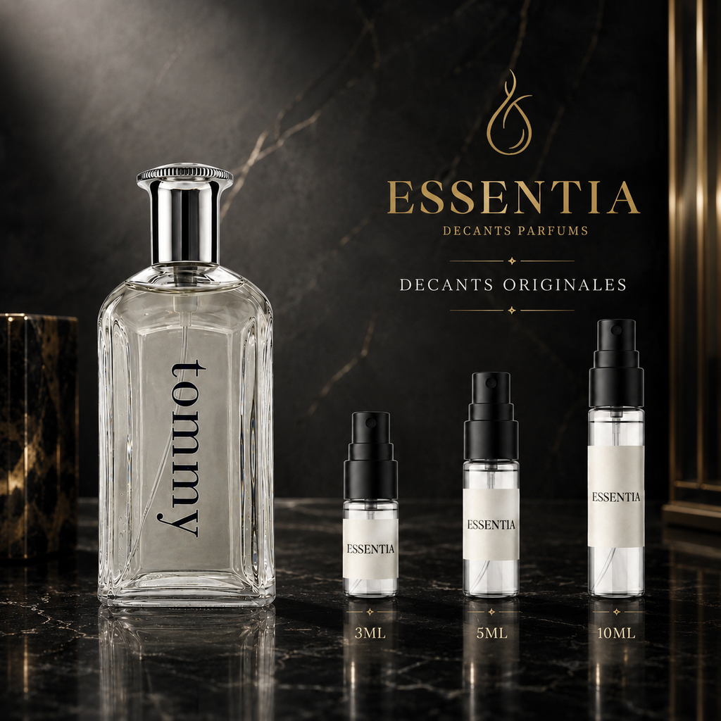 Imagen de Tommy EDT de Tommy Hilfiger junto a las presentaciones de decant original ESSENTIA de 3ml, 5ml y 10ml.