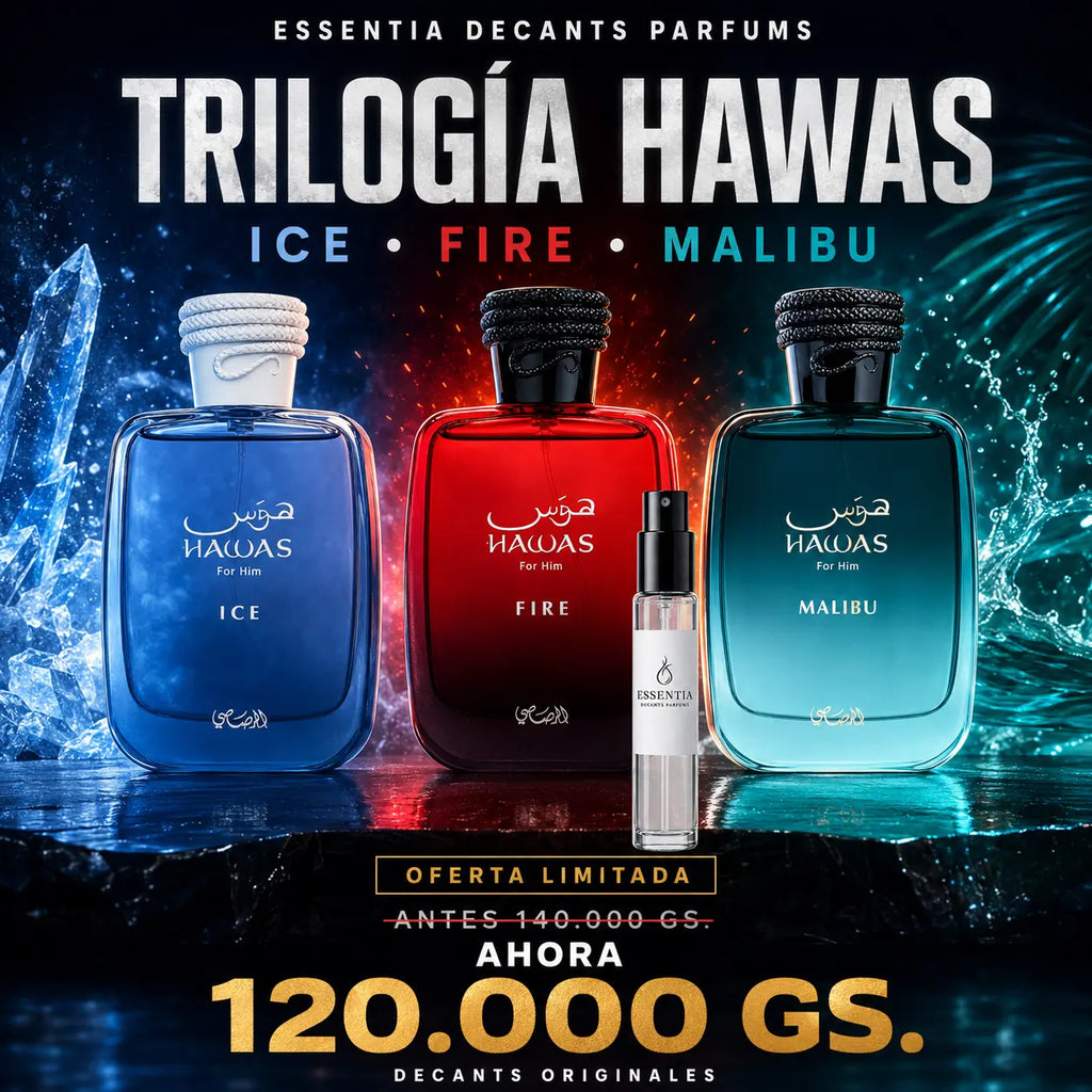 Trilogía Hawas en decants ESSENTIA: Hawas Ice, Hawas Fire y Hawas Malibu de Rasasi