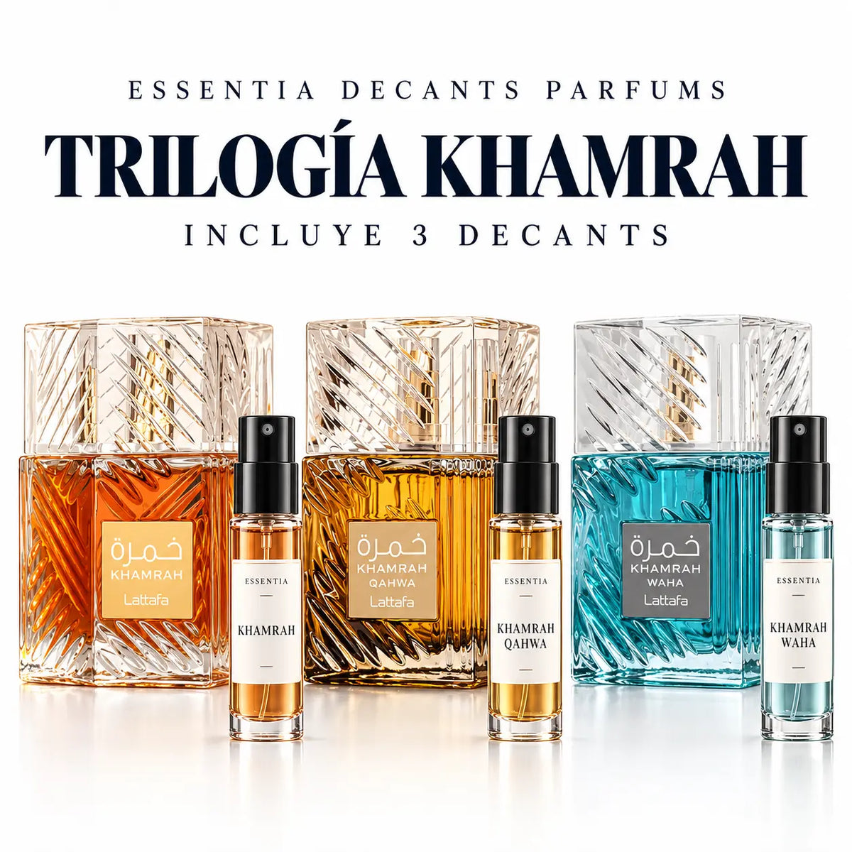 Trilogía Khamrah con 3 decants unisex originales: Khamrah, Khamrah Qahwa y Khamrah Waha de Lattafa | ESSENTIA