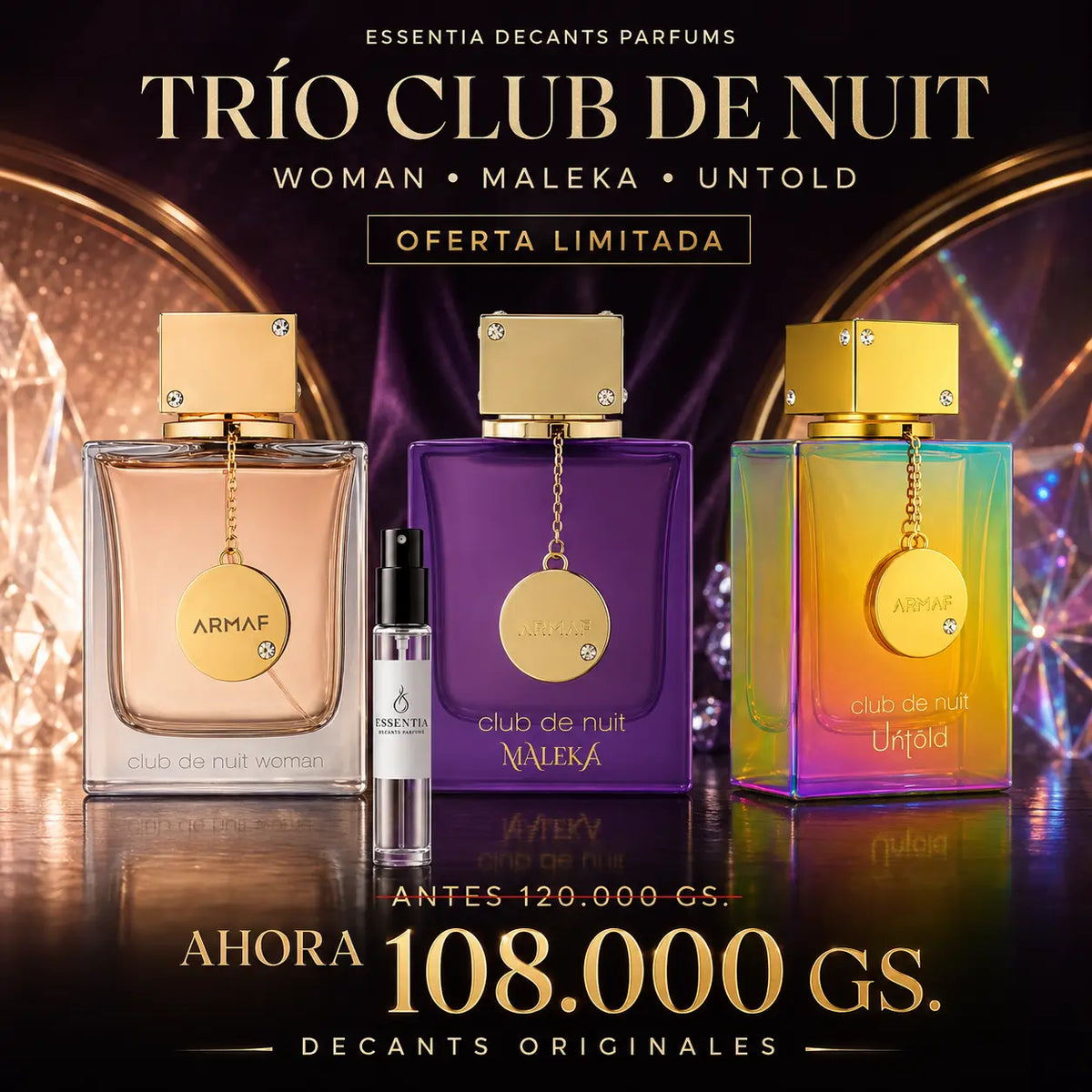 Trío Club de Nuit en decants ESSENTIA: Woman, Maleka y Untold de Armaf