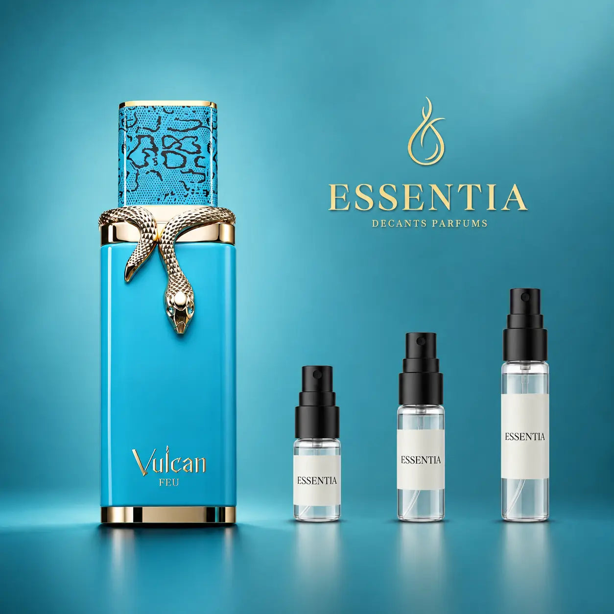 Perfume Vulcan Feu junto a decants ESSENTIA de 3ml, 5ml y 10ml sobre fondo turquesa elegante inspirado en el color del frasco.